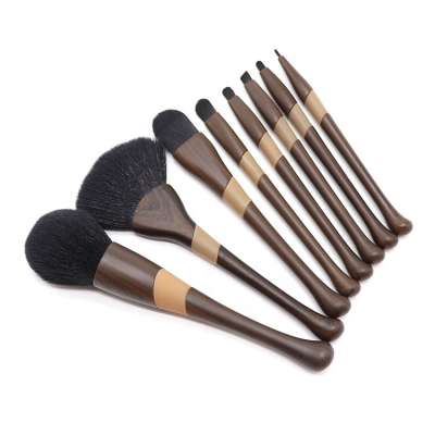 Private Label Low Moq New Item Black Nylon Hair Cosmetic Brush Set Wooden Grain Plastic Handle 8pcs Makeup Brush Set