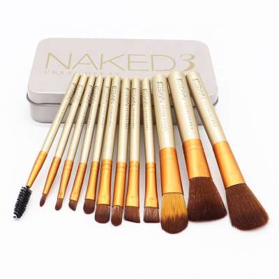 Factory price wooden handle nylon hair 12pcs NK3 cosmetic brush set NAKED3 makeup brush set with metal box